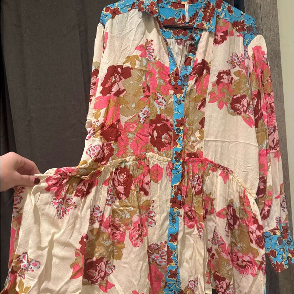 Free People Turquoise and Red Floral Blouse - Picture 2 of 4